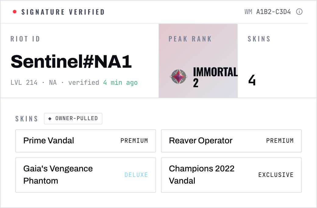 Vouchant signed proof card showing a verified Immortal 2 peak rank pulled live from a Valorant account