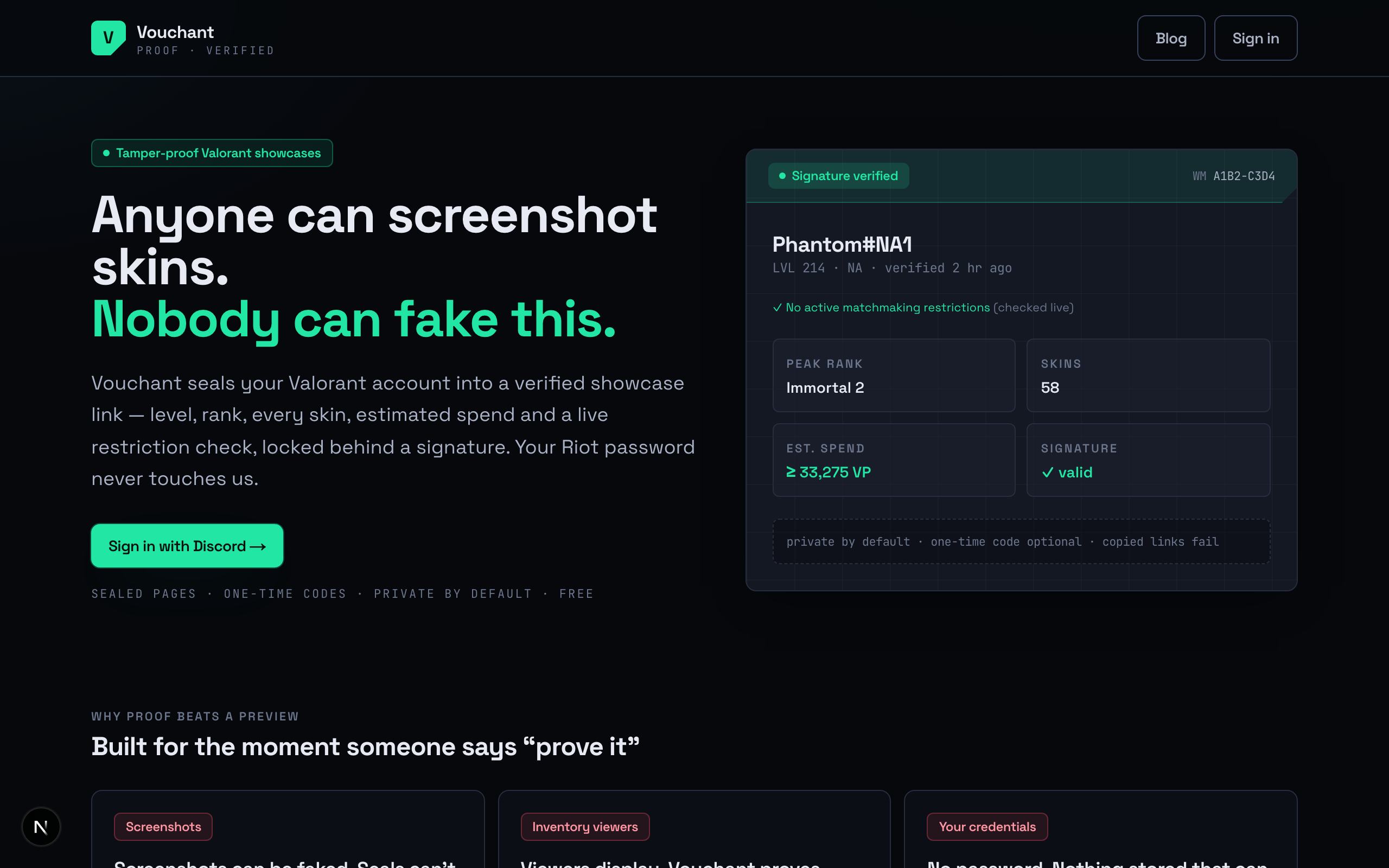 Vouchant verified inventory showcase — signed proof of your collection and estimated VP spend after a Night Market haul